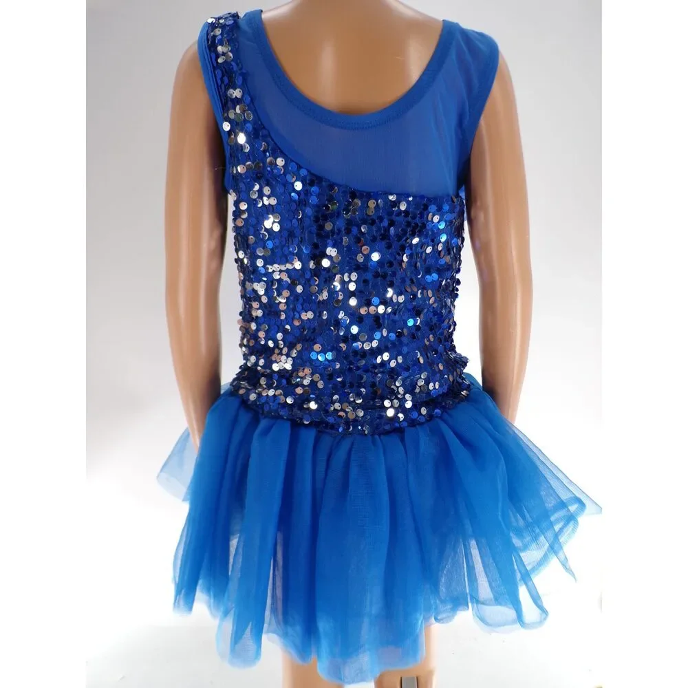 Pre-Owned Dance Costume Wish Come True D8409 Medium Child Blue Jazz Sequins